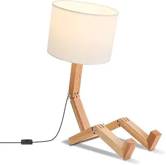Robot Bedside Lamp, Fabric Lampshade Match Foldable Solid Wood Body, Creative E27 Screw Table Lamp for Bedroom Living Room