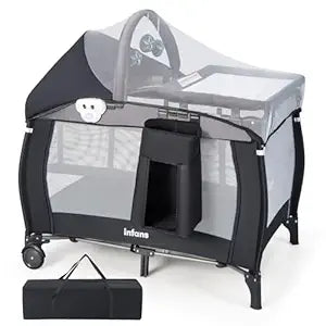 INFANS 4 in 1 Pack and Play, Portable Travel Baby Playard with Bassinet, Changing Table, Canopy, Mosquito Net, Hanging Toys, Music Box, Storage Bag, Large Playpen from Newborn to Toddlers (Black)
