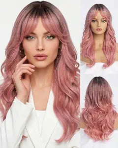 Ombre Pink Wavy Wig with Curtain Bangs 26 Inch – Long Layered Synthetic Hair Wig for Women, Natural Looking Dark Root Heat Resistant Wig, Soft Thick Full Wig for Daily Wear Party Cosplay