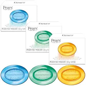 Pears Soap, Pure & Gentle Glycerin Soap Variety 3-Pack – Blue with Mint, Green with Lemon Flower Extract, and Amber with Natural Oils, 4.4 Oz Each