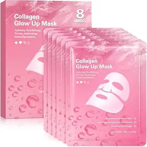 Collagen Glow Up Hydrogel Mask, 8-Pack Premium Overnight Facial Sheet Masks for Glass Skin, Turns Clear, Low-Molecular Hyaluronic Acid & Cica for Deep Hydration, Firming & Pore Refining