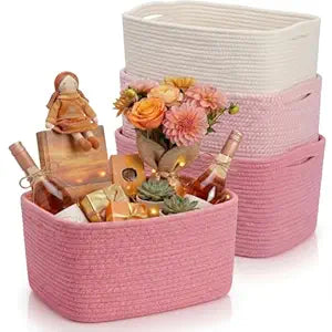 Junkin 3 Pack Pink Gift Basket Empty Cotton Woven Laundry Basket 15 x 10 x 8.7 Inch Pink Storage Bin for Closet Organizing Nursery