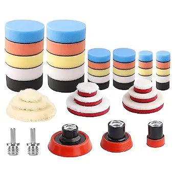 Car Foam Drill Polishing Pad Kit, 44Pcs 1inch 2inch 3inch Detail Polishing Buffing Pad Mix Size Car Detailing Kit with 5/8-11 Thread Backing pad & Adapters for Buffer Polisher Polishing, Buffing