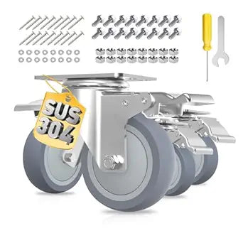 4 Inch Stainless Steel Casters Set of 4, 2600LBS Heavy Duty Swivel with Brake, 304 Rustproof TPR Wheels for Industrial Workbench & Heavy Cart (Hardware Included)