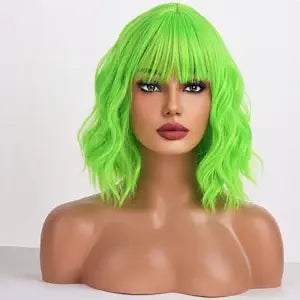 Neon Green Wigs for Women Short Bob Wig Lime Green Wig Short Curly Wavy Wig with Bangs Heat Resistant Synthetic Wigs for Cosplay Costume Party