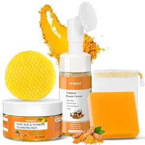 Turmeric Face Pads 50 Pcs, Turmeric Soap & Turmeric Face Wash with Brush
