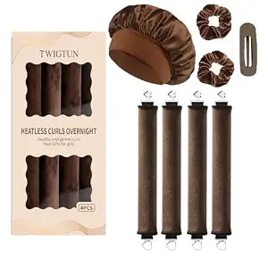 Heatless Curls, Heatless Curls Overnight Hair Care Set - Jumbo Velvet Hair Curlers to Sleep In with Satin Sleep Bonnet Set, No Heat Damage Blowout Rollers for Long Thick Fine Hair, Brown