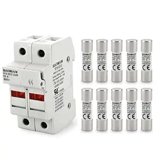 Baomain RT18-32 Fuse Holder Base with 10x3A Ceramic Fuses (10x38mm) 2 Pole DIN Rail Mount, LED Indicator, CE Certified (3 Amp)