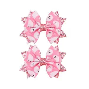 2 PCS Halloween Pink Ghost Hair Bow Clips for Girls