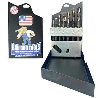 Bad Dog Intro 7-Piece Multipurpose Drill Bit Set - Carbide Titanium Cobalt Tip, Hex Shank, USA Made - Drills Metal Wood Masonry Tile Stone Concrete - High Speed Bits with Metal Case