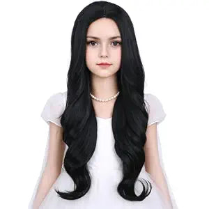 Black Wigs for Kids Girls Long Black Wavy Curly Wig Long Middle Part Wig Natural Synthetic Hair Wigs with Net Include