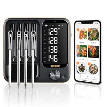 4-Probe WiFi Wireless Meat Thermometer with 360Readable LCD Standalone Base, WiFi and Bluetooth 5.3 Unlimited Range, IPX8 Waterproof Food Kitchen Thermoemter for BBQ, Grill, Smoker, Oven, Rotisserie