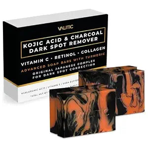 VALITIC Charcoal Kojic Acid Turmeric Black Soap for Dark Spots, 4 Pack