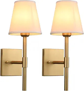Pathson Set of 2 Hardwired Bathroom Wall Sconces with White Fabric Shade, Cloth Wall Mounted Lighting for Living Room Bedroom Hallway Brass Finish Base