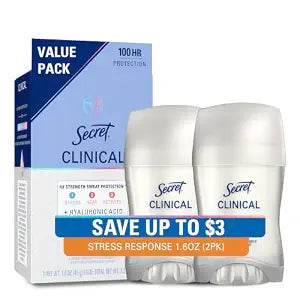 Secret Clinical Strength 100HR Sweat & Odor, Stress Response Invisible Solid Antiperspirant Deodorant for Women, 3X Stress Protection with Hyaluronic Acid, PH Balanced, 1.6 oz (Pack of 2)
