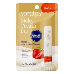 Softlips Melty Cream Hydrating Lip Balm, Strawberry Flavor, Long-Lasting Moisturizing Care for Everyone with Dry, Chapped Lips, Smooth Non-Sticky Finish, 0.12 oz