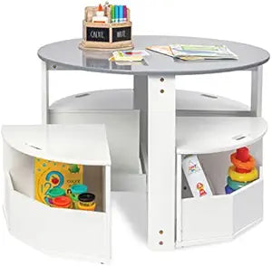 Milliard Toddler Table and Chair Set Round Kids Activity Table With 4 Storage Stools, Nesting Design for Toddlers, Kids Play Table with Storage - Space-Saving Playroom Kids Furniture - (White)