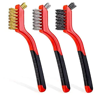 Wire Brush Set 3PCS - Nylon/Brass/Stainless Steel Bristles with Curved Handle Grip for Rust, Dirt & Paint Scrubbing with Deep Cleaning 7 Inches (Red)