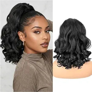 Long Natural Black Drawstring Ponytail Extension for Black Women 18inch Loose Curly Ends Yaki Straight Drawstring Ponytail Synthetic Slight Kinky Straight Pony Tail Hairpieces for Daily Use