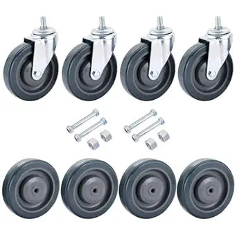 8 Pack 5" Shopping Cart Replacement Wheels Kit | 4 Stemless & 4 Threaded Stem Wheels with Hardware, Steel Single Ball Bearing Silent Wheel Set for Supermarket Cart (Grey)