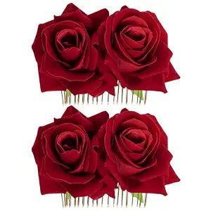 Topbuti 2 Pack Rose Flower Hair Clip Comb Wedding Floral Clips Hairpin Mexican Hair Accessories for Woman Girl Halloween Valentines Mother's Day Flamenco Dancer (Red)