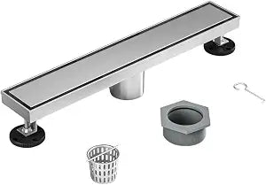 18 Inch Rectangular Linear Shower Drain Set with Reversible Flat & Tile Insert Cover, 304 Stainless Steel Bathroom Floor Drain with Hair Catcher, Shower Floor Drain Includes Adjustable Leveling Feet