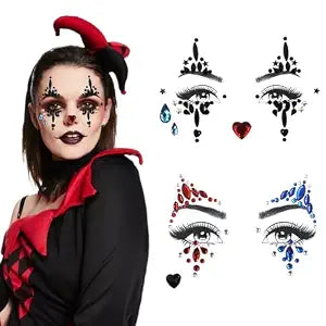 2 Pcs Clown Face Gems Makeup Stickers Clown Queen Face Jewels Jester Gemstone Face Stickers Day of the Dead Thriller Style Glitter Rhinestone Temporary Tattoos for Halloween Carnival Party Decor