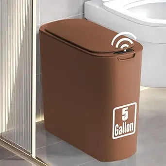TIPGO 5 Gallon Motion Senor Bathroom Trash Can with Lid, Automatic Garbage Can Touchless, Smart Plastic Waste Basket for Narrow Spaces, Bathroom, Office, Bedroom, Living Room (Brown)