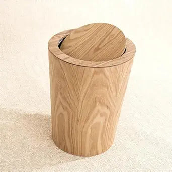Kitchen Wood Trash Can Round with Lid, Japanese-Style Swing Lid Garbage Bin for Bathroom, Home Office, Stylish Natural Wooden Recycling Receptacle Conceals Odors and Trash
