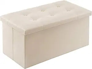 YOUDENOVA Folding Storage Ottoman, Faux Leather Ottoman Bench Footrest Ottoman, Storage Chest Padded Seat for Bedroom and Living Room, Beige,15" D x 30" W x 15" H
