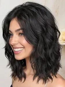 AISI HAIR 14 Inch Natural Black Wigs for Women,Wave Synthetic Lace Wig