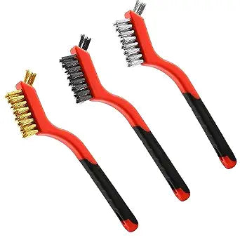 Wire Brush Set (3-Pack) for Precision Cleaning Brass, Nylon & Stainless Steel Brushes for Rust Removal, Delicate Surfaces & Tight Spaces 7-Inch Curved Handle