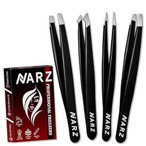 NARZ 4Pcs Professional Tweezers for Women Facial Hair Stainless Steel Precision Tweezers for Ingrown Hair Eyebrow Tweezer for Men & Women (Black Set)