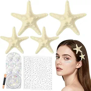 4 Pcs Starfish Hair Clip with Face Body Glitter and Face Gems, Resin Seashell Hair Clip Beach Mermaid Accessories for Women Girls