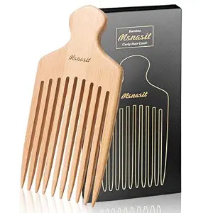 Bamboo Hair Pick for Curly Hair, Premium Wooden Wide Tooth Detangling Comb