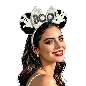 Boo! Mouse Ears Headband for Women Sequin White Bows