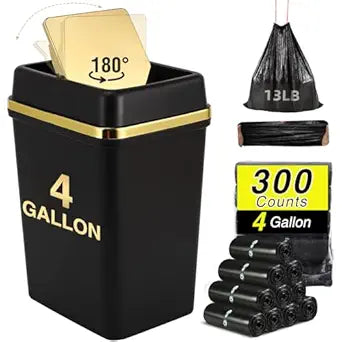 Bathroom Trash Can with Lid 4 Gallon Trash Can with Swing Lid Small Garbage Can Black Bathroom Trash Can with 300 Counts Trash Bags for Kitchen Bedroom Office Dorm