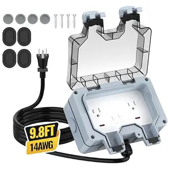 Outdoor Outlet Box with 9.8Ft Extension Cord, NEMA 5-15R, IP66 Waterproof Outdoor Outlet Box w/Lockable Cover & LED Indicator (Double Plug Socket) - Perfect for Gardens, Yards & Sports Fields