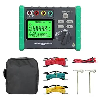 DUOYI Earth Ground Resistance Tester 0.03-2000 Soil Resistivity Meter,Upgraded Earth Resistance Tester Auto Measurement 600V AC Ground Voltage Meter with 6pcs 1.5V Batteries,Tool Bag