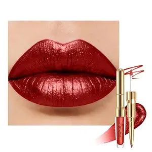 Dark Red Metallic Lipstick and Lip Liner Combo Glitter Lipsticks for Women