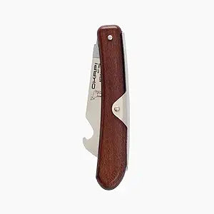 Okapi Biltong & Beer Knife N690 Stainless Steel Folding Knife with Bottle Opener, Stabilized Wood Handle, Compact Everyday Carry Pocket Knife for Cutting Biltong & Outdoor Use