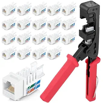 Everest 45Term - 45 Angled Speed Termination Keystone Tool Set - with 20-Pack of RJ45 Cat6 Keystone Jacks in White (Slim Profile Design) - Time Saver Network Punch Down Tool Cat6