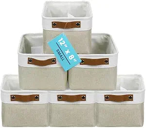 OrganiHaus 12x8in Canvas Storage Baskets 6 Pack | SMALL Fabric Bins for Shelves | Pantry & Bathroom Organizer | Beige/Off-White