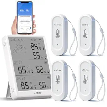 eMylo WiFi Thermometer Hygrometer with 4 Outdoor Sensors, Smart Indoor Temperature Humidity Monitor 328Ft Range, IP65 Waterproof, App Alerts, Alexa Compatible, for Home Greenhouse Basement Wine Cellar