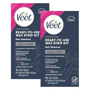 VEET Ready-To-Use Waxing Kit For Women, Wax Strips For Body Hair Removal, Wax Kit For Legs and Body, Personal Care Product, Hair Remover, 40ct Waxing Strips, 4ct Body Wipes (2 Pack)