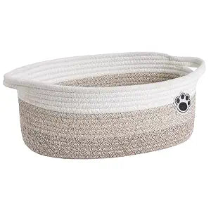 Woven Rope Dog Toy Basket with Paw Print, Mixed Brown