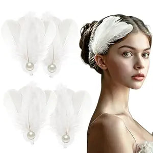 4 Pcs Feather Hair Clips White Swan Ballet Feather Pearl Hallowen Barrettes