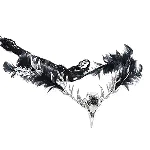 MOSTORY Handmade Black Raven Feather Crown - Gothic Elf Circlet with Raven Skull Dark Moon Tiara for Women Girls Halloween Cosplay Renaissance Wedding Witch Sorcerer Photo Shoot