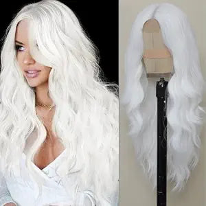 White Wig for Women, Long White Wavy Wig Middle Part 26 Inch Heat Resistant Synthetic Wigs for Daily Party Use