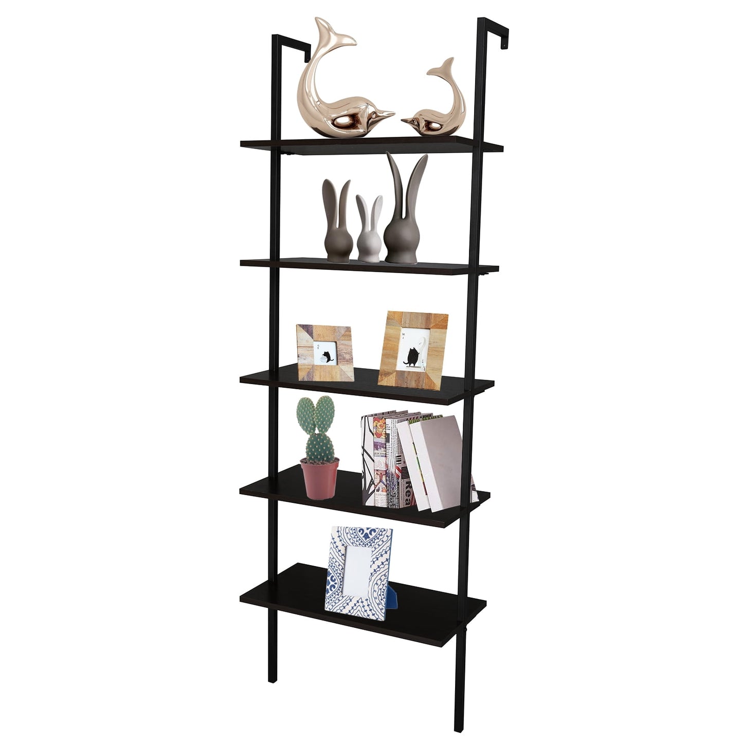 5-Shelf Ladder Bookcase with Metal Frame, Industrial 5-Tier Modern Wood Ladder Shelf Wood Shelves, Dark Walnut